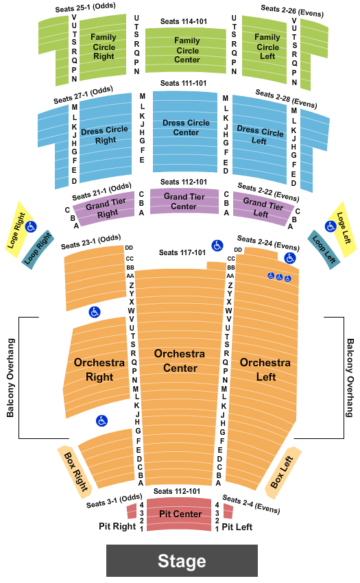 Reserved seating chart for Saenger Theatre: orchestra, boxes, mezzanine, and balcony